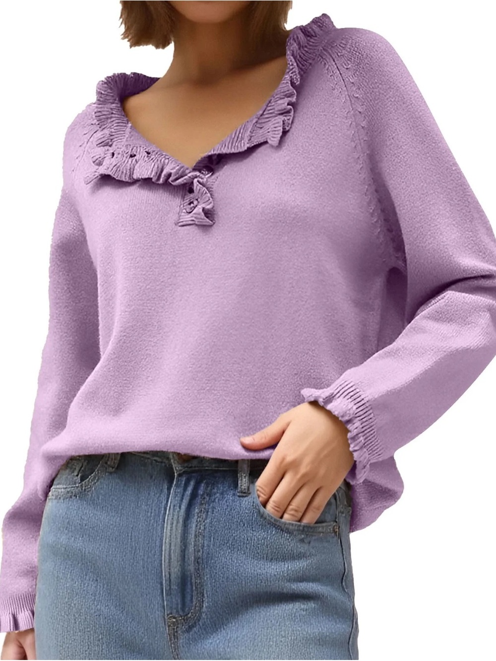 BTFBM Lilac Ruffle V-Neck Sweater